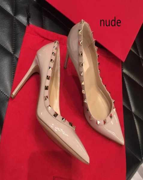 with box genuine leather red wedding shoes for bride nude white stiletto heel rivets shoes size 34 to 42 tradingbear4450579, Black